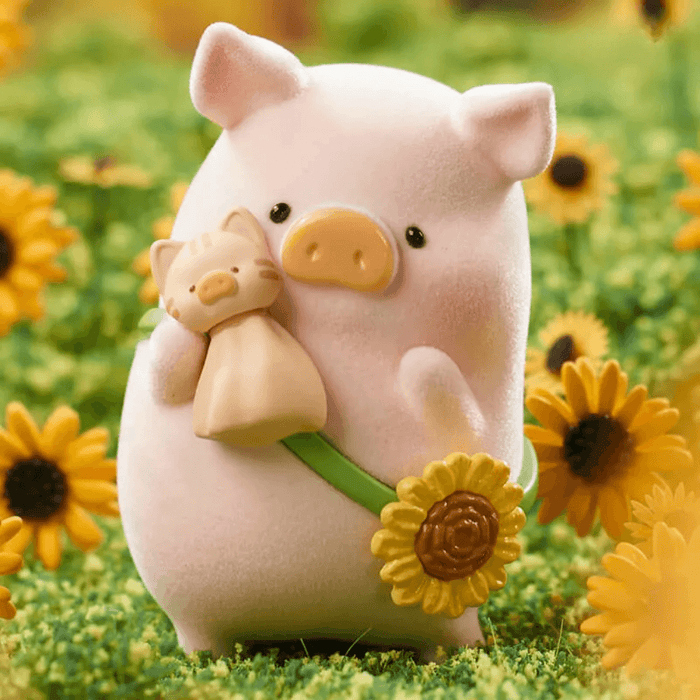 LuLu the Piggy's Travel Series Blind Box pig figure holding a cat friend with a sunflower shoulder bag