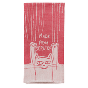 Made From Scratch cat tea towel folded, red woven cotton with white cat illustration.