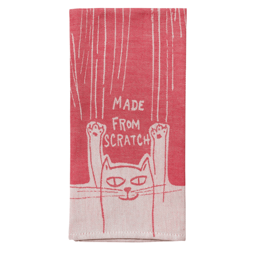 Made From Scratch cat tea towel folded, red woven cotton with white cat illustration.