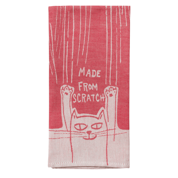 Made From Scratch cat tea towel folded, red woven cotton with white cat illustration.