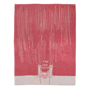 Full Made From Scratch tea towel, red woven background with cat and Made From Scratch text.
