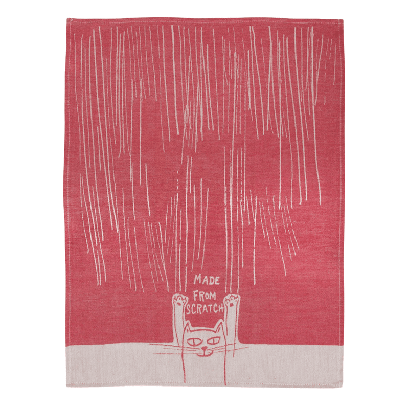 Full Made From Scratch tea towel, red woven background with cat and Made From Scratch text.