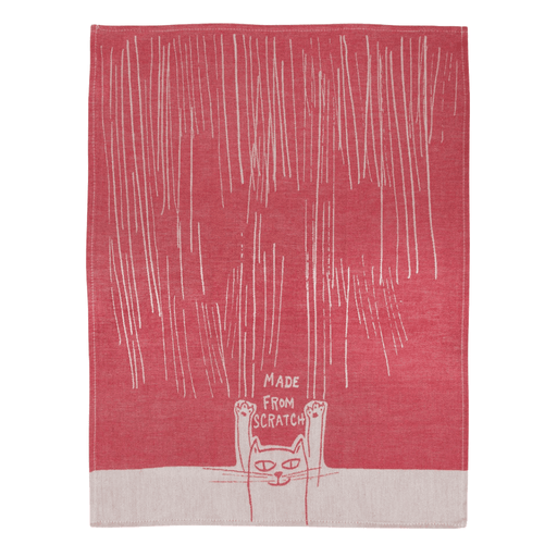 Full Made From Scratch tea towel, red woven background with cat and Made From Scratch text.