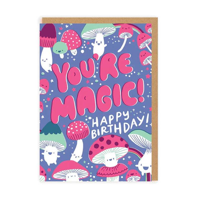 Purple birthday card with bold text You’re Magic! Happy Birthday and cute mushrooms; A6 with kraft envelope; Hello!Lucky artwork