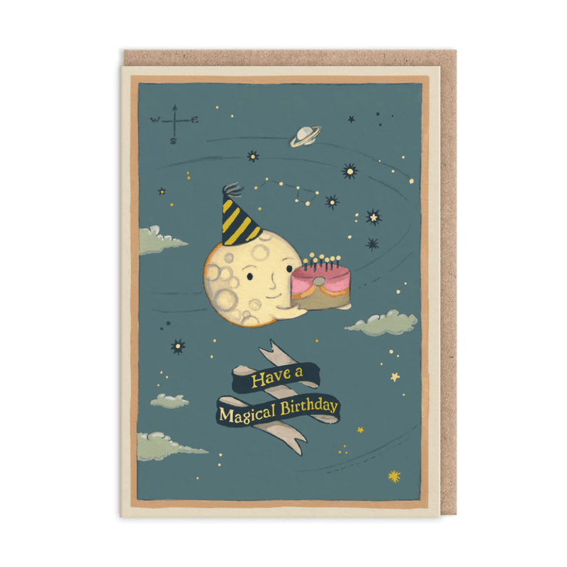 Magical moon birthday greeting card with smiling lunar face in party hat holding cake, stars and constellations in space
