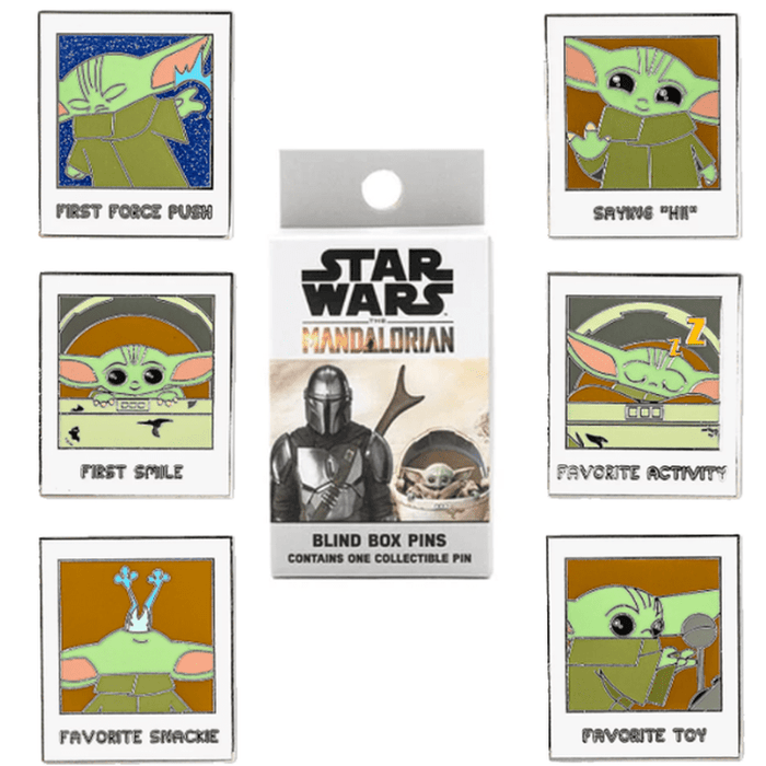 Grogu blind box enamel pins from The Mandalorian, six designs shown with the mystery box in the centre.