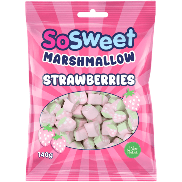 SoSweet strawberry-shaped marshmallow sweets 140g packaging close-up