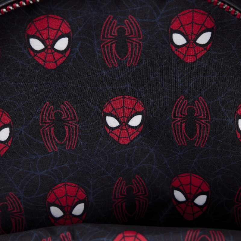 Spider-Man masks and spider logos on the mini backpack interior lining