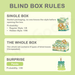 Blind box rules graphic showing odds: regular 1/8 and hidden style 1/96 for Matchy Lacy plush pendants.