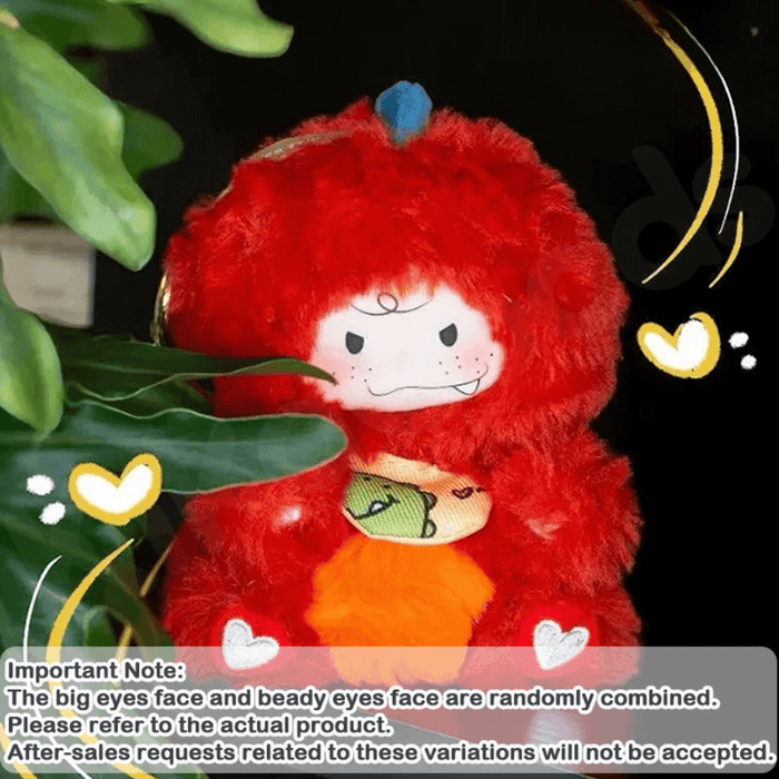 Baby Dinosaur plush pendant keyring in bright red outfit from the Matchy Lacy blind box range.