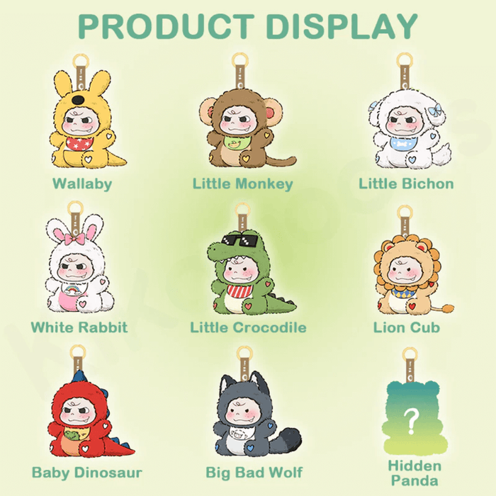 Character line-up chart for Matchy Lacy plush pendant blind box: eight designs plus hidden Panda.