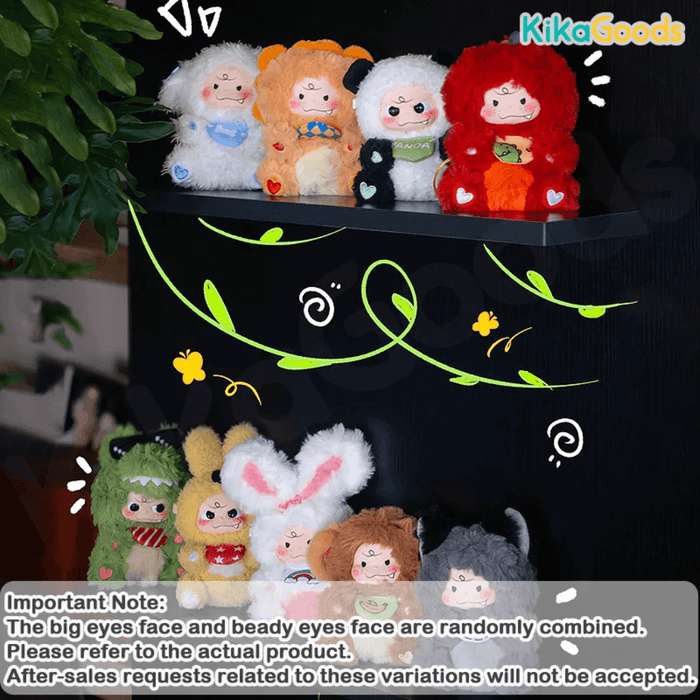 Group display of Matchy Lacy plush pendant keyrings on a shelf with multiple characters.
