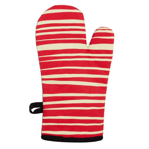 Back view of Meat Mitt oven mitt with red and cream stripes and hanging loop.