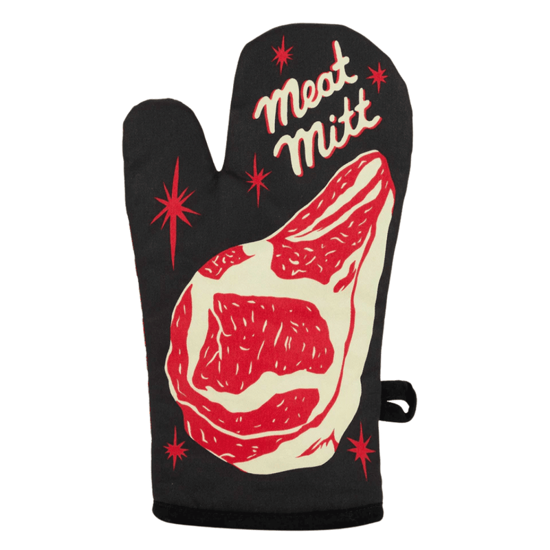 Front of Blue Q Meat Mitt oven mitt with steak graphic on black