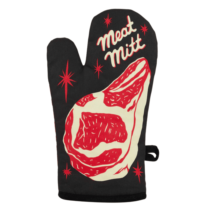 Front view of Meat Mitt oven mitt with steak graphic and Meat Mitt text on black.
