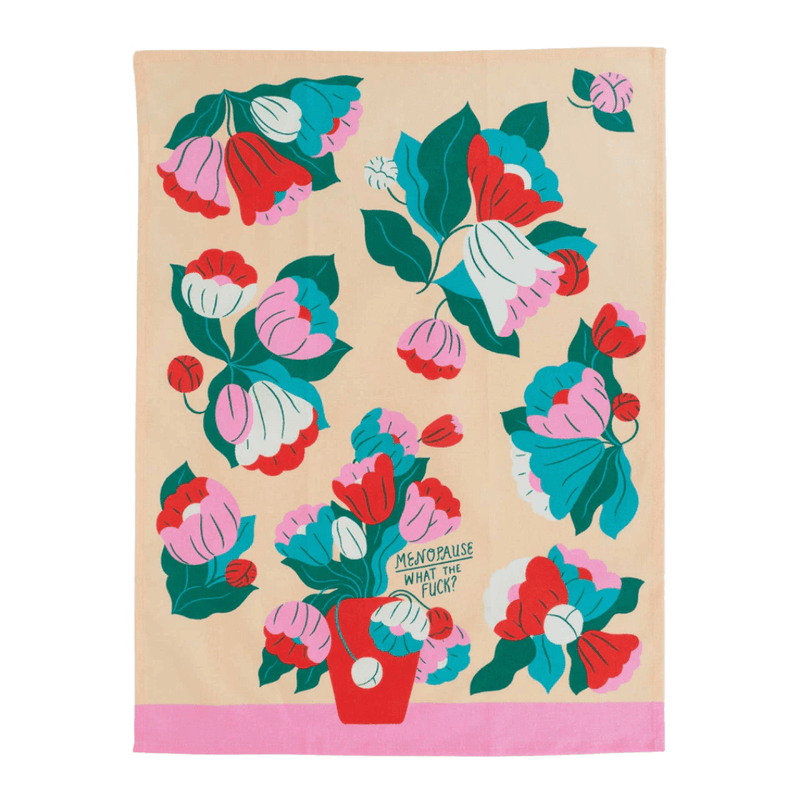 Full Menopause What The Fuck tea towel, floral pattern with red vase and pink hem.