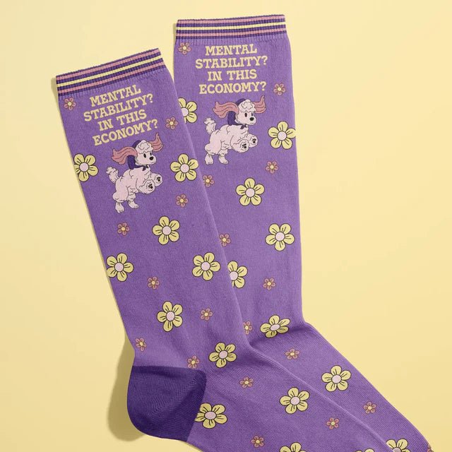 Purple Fun Club socks with unicorn dog and “Mental Stability? In This Economy?” quote – a cheeky womens gift idea.

