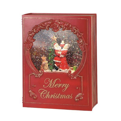 Red Merry Christmas book water spinner with Santa & Mrs Claus, 21cm

