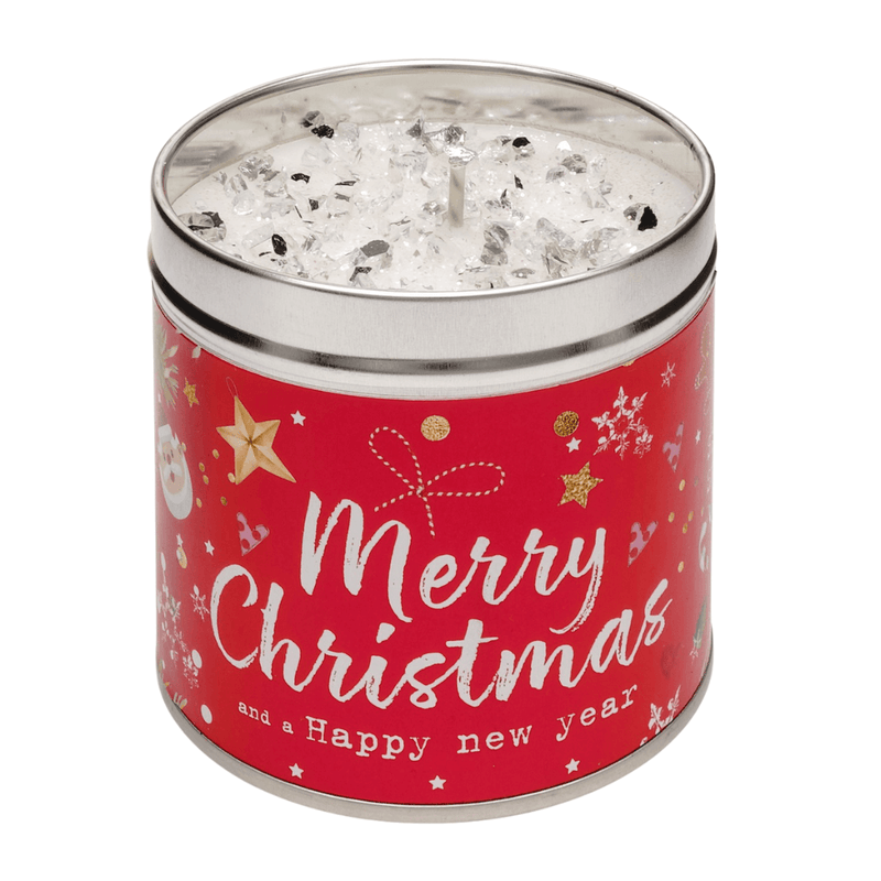 Red Merry Christmas candle tin with Snowflake scent and sparkling wax top.