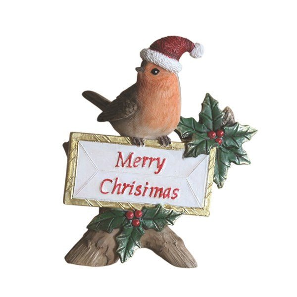 11.5cm robin in Santa hat on Merry Christmas sign with holly


