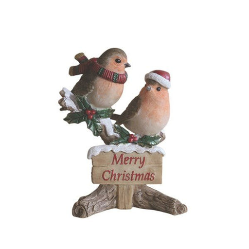 12cm Merry Christmas robins ornament with scarf and Santa hat