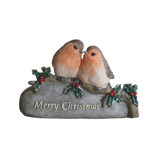 Two robins on holly-topped plaque reading Merry Christmas, 13 x 8cm ornament.

