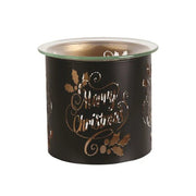 Unlit black and gold Merry Christmas tealight wax melter with glass dish on top