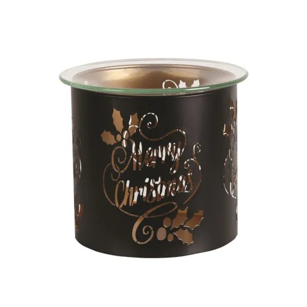 Unlit black and gold Merry Christmas tealight wax melter with glass dish on top