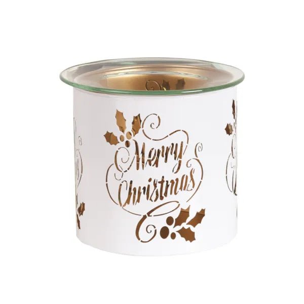 Unlit white and gold Merry Christmas tealight wax melter with glass dish on top
