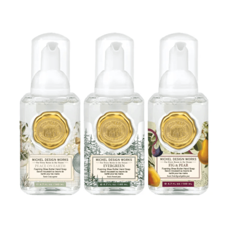 Michel Design Works Christmas mini foaming hand soap set with Peace on Earth, Evergreen and Fig and Pear bottles