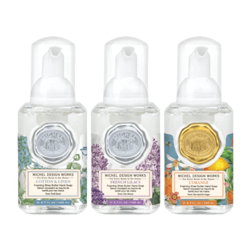 Michel Design Works Freshly Picked mini foaming hand soap set with Cotton and Linen, French Lilacs and L’Orange