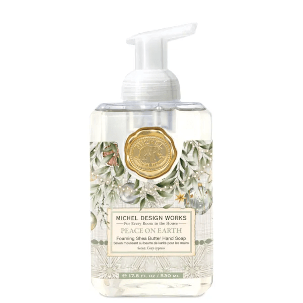 Michel Design Works Peace on Earth foaming hand soap 530ml pump with winter greenery artwork