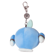 Back view of the Micro Squishable Blue Jay plush keychain showing blue plush body and metal clip
