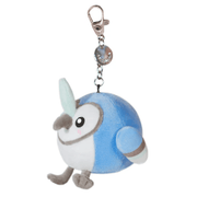 Side view of the Micro Squishable Blue Jay plush keychain showing blue body, wing and metal clip
