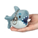 Micro Squishable Megalodon plush keychain in blue-grey with open mouth and metal clip, held in hand