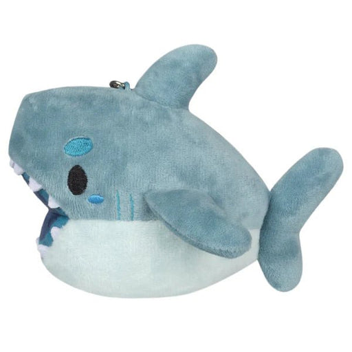 Side view of Micro Squishable Megalodon plush keyring showing shark shape and stitched details