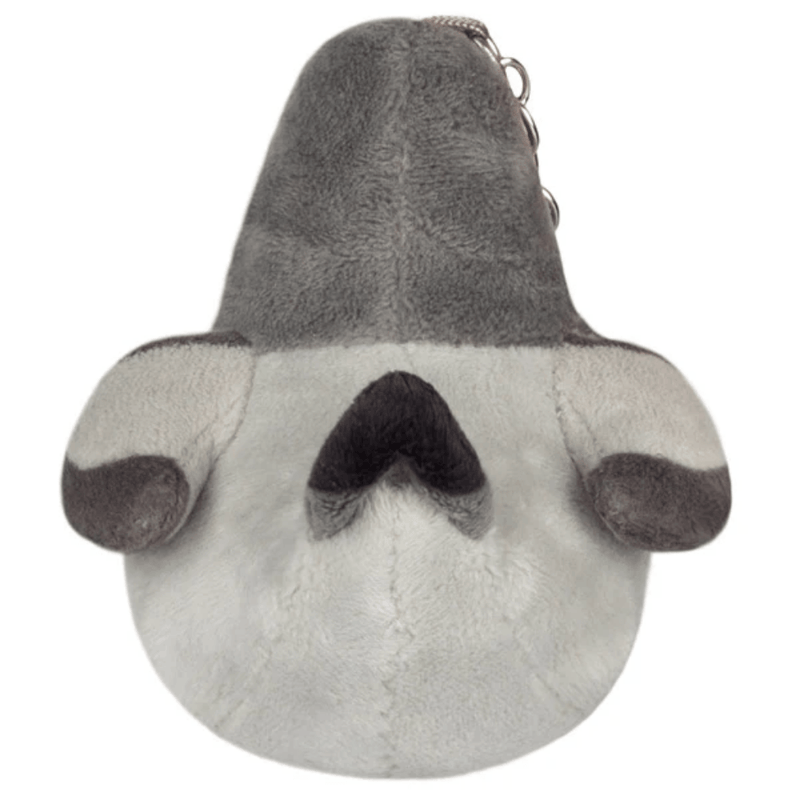 Back view of the Micro Squishable Pigeon plush keychain showing grey body, wings and tail detail