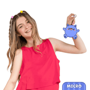 Micro Squishable plush keychain size guide shown with model for scale