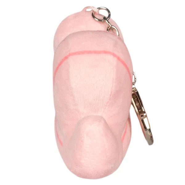 Back view of the Micro Squishable Worm plush keychain showing soft pink body and seams