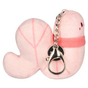 Side view of Micro Squishable Worm plush keyring showing metal clip and chain attachment
