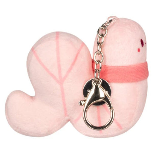 Side view of Micro Squishable Worm plush keyring showing metal clip and chain attachment