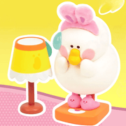 Midnight Fatgoose figure wearing pink slippers beside a yellow bedside lamp