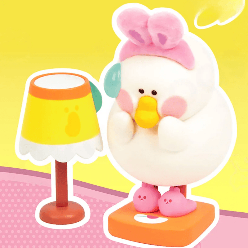 Midnight Fatgoose figure wearing pink slippers beside a yellow bedside lamp