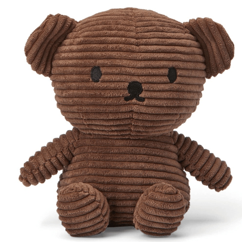 Front view of brown corduroy Boris Bear plush from the Miffy & Friends range by Bon Ton Toys, 17 cm tall