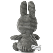 Rear view of grey corduroy Miffy plush soft toy, handmade by Bon Ton Toys, 23 cm.