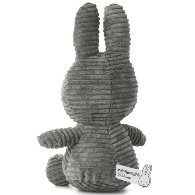 Rear view of grey corduroy Miffy plush soft toy, handmade by Bon Ton Toys, 23 cm.