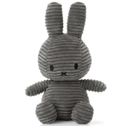 Front view of grey corduroy Miffy plush by Bon Ton Toys, 23 cm tall.