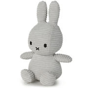 Angled side view of soft-grey corduroy Miffy plush rabbit, 23 cm, ribbed texture visible.