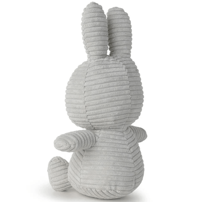 Rear view of soft-grey corduroy Miffy plush toy, handmade by Bon Ton Toys, 23 cm.