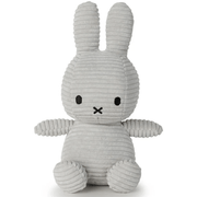 Front view of soft-grey corduroy Miffy plush by Bon Ton Toys, 23 cm tall.